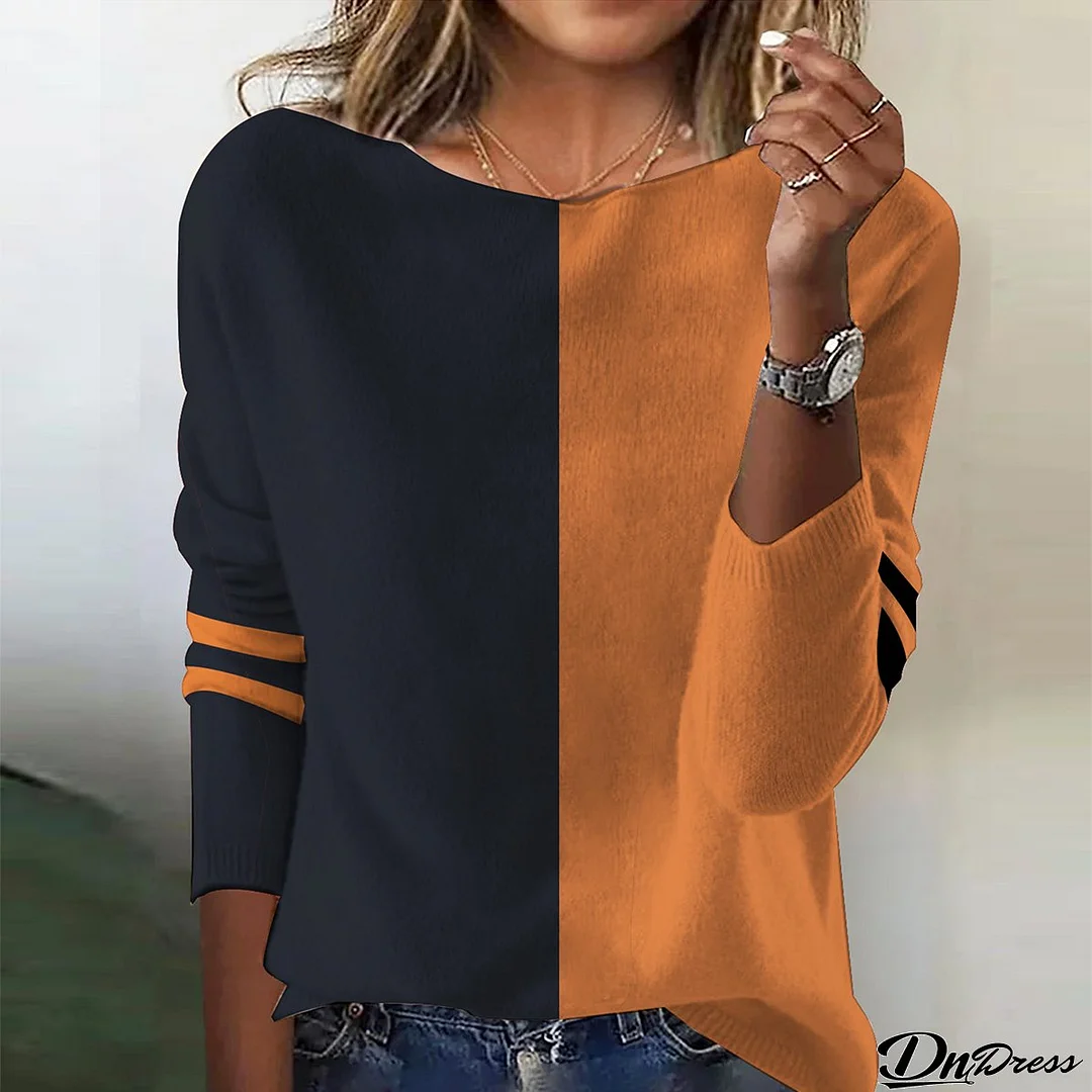 Stylish Orange Long Sleeve Color Block Sweater
