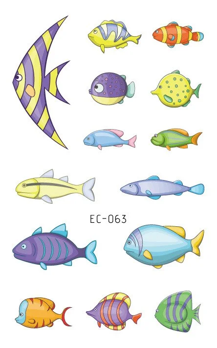 24 kinds Temporary Tattoo Stickers for Kids Cute Cartoon Tropical Fish Marine faux tatouage temporaire Disposable Children Gift