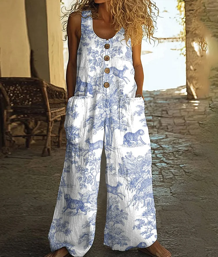 Women's Vintage Forest Animals Art Print Casual Wide Leg Jumpsuit
