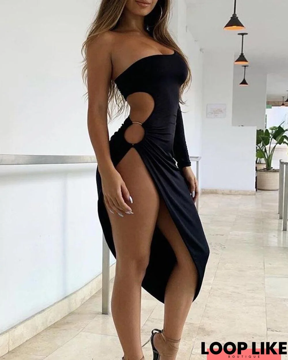 Solid One Shoulder Cut Out Dress Black Dresses