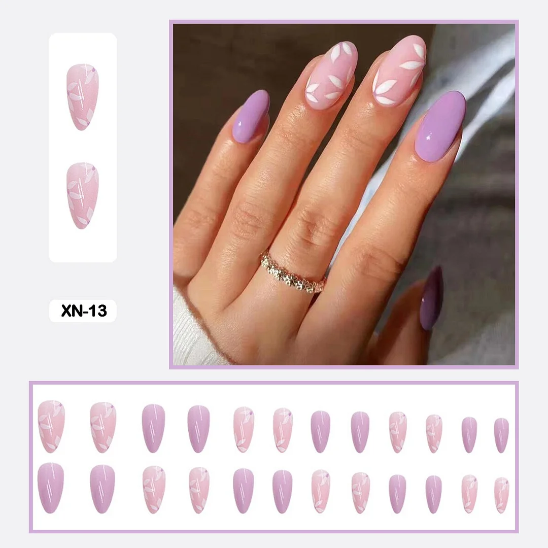 24pcs Fresh Lovely Pink Purple Blue Summer Flower Water Drop Shaped Fake Nails With Glue Wearable False Nails With Wearing Tools-Nail Inspo