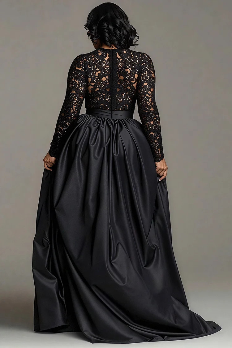Xpluswear Design Plus Size Formal Satin Black V Neck Long Sleeve With Skirt Overlay Elegant Pocket Lace Jumpsuits [Pre-Order]