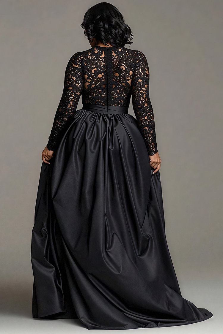 Xpluswear Design Plus Size Formal Satin Black V Neck Long Sleeve With Skirt Overlay Elegant Pocket Lace Jumpsuits [Pre-Order]