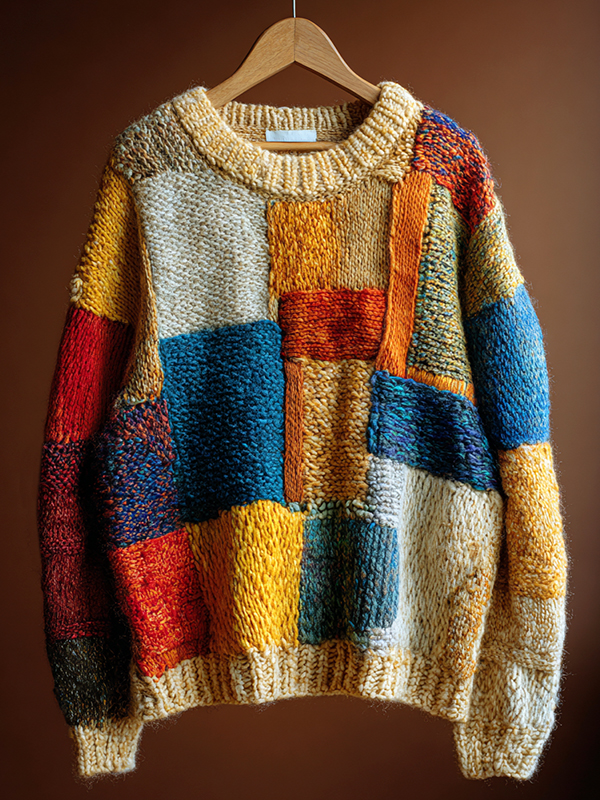 Men's Colorblock Retro Geometric Art Print Knit Sweatshirt