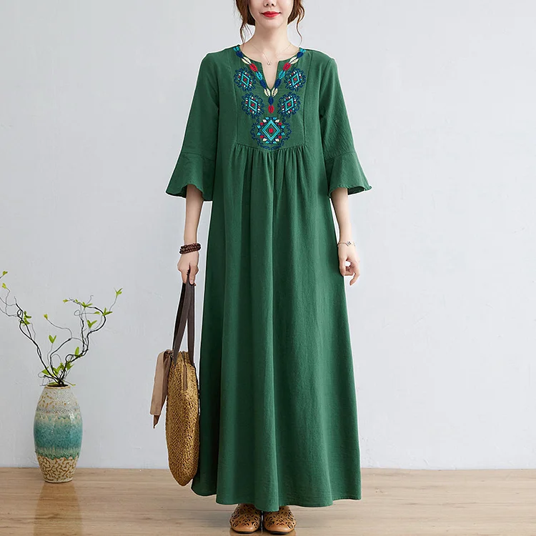 Women's Cotton Linen Maxi Dress V-Neck Mid Sleeve Embroidery Floral Casual Dress