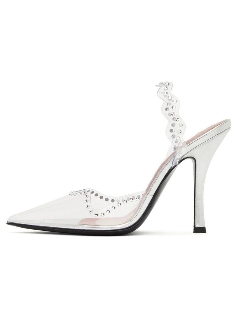 White Rhinestone Clear Slingback Pumps Women Wave-Edge Stiletto Heeled Pumps