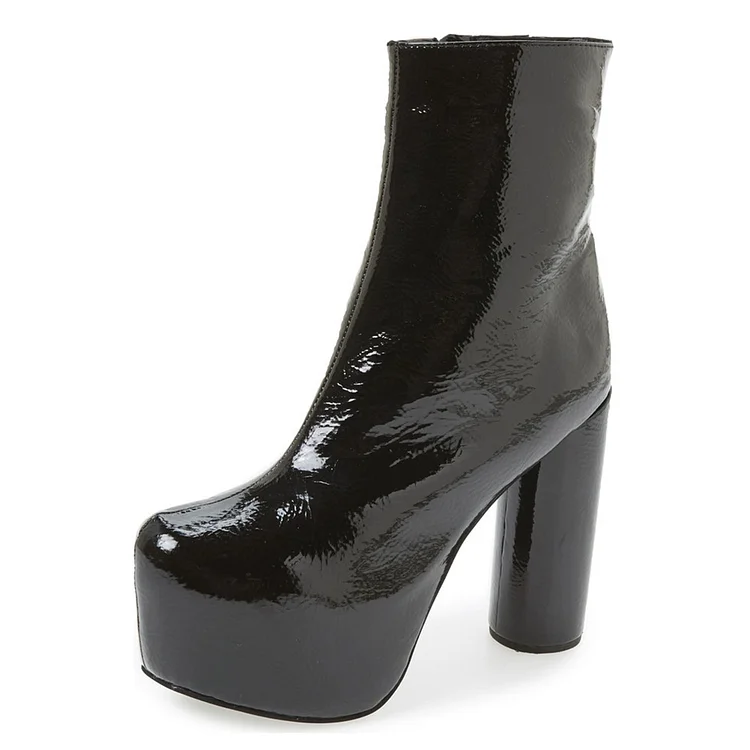 Glossy Black Vegan Ankle Boots with Cylindrical Heel and Platform Vdcoo