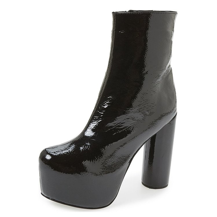 Black Glossy Vegan Boots Cylindrical Heel Platform Ankle Boots |FSJ Shoes