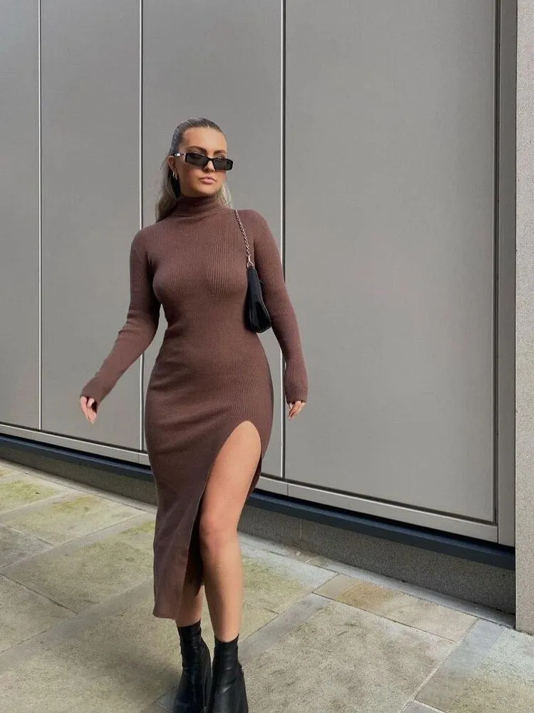 Vintage Elegant Brown Sheath Rib Dress Women Fashion Side Open Half Turtleneck Long Dresses Female Chic Vestidos