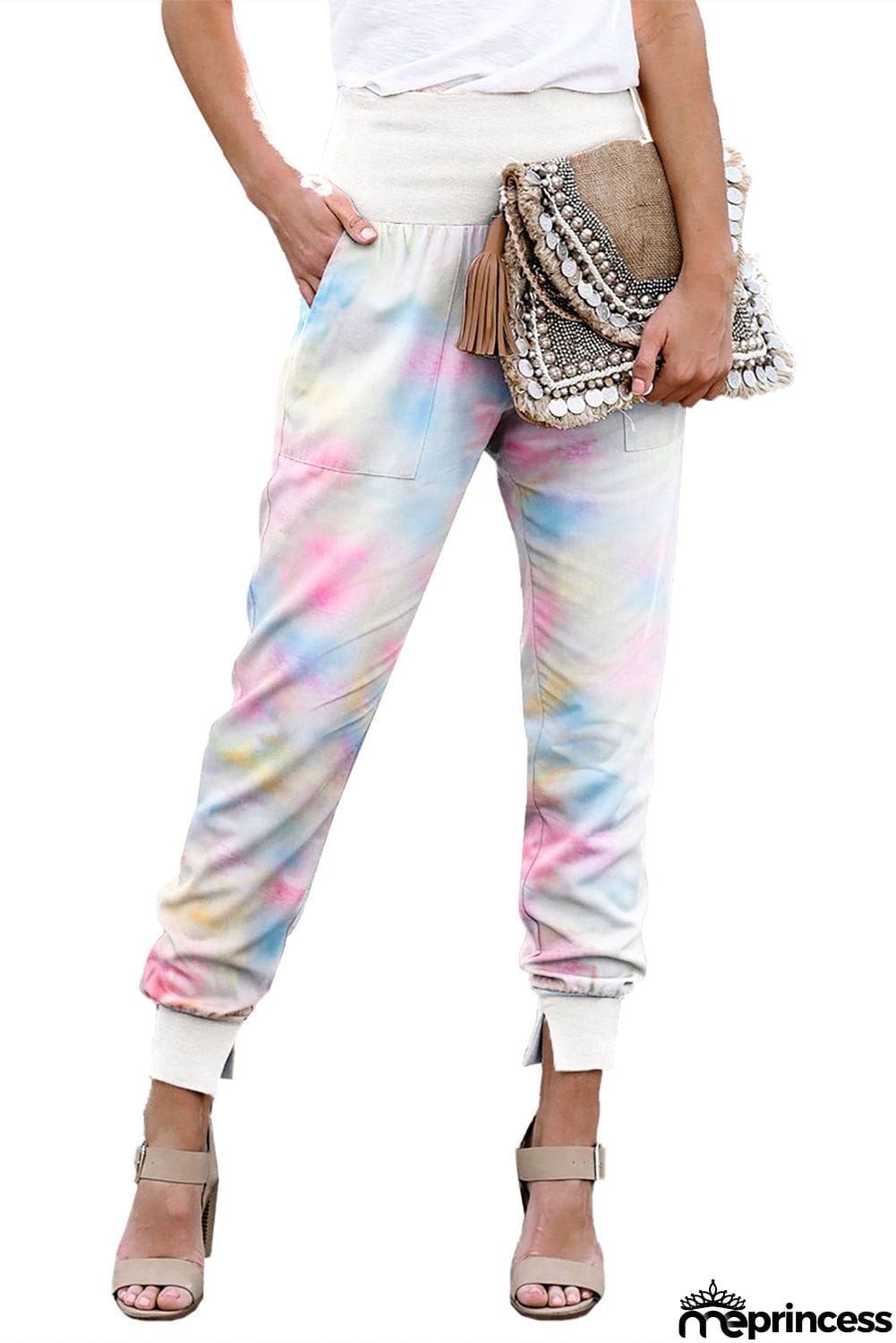 Multicolor Tie-dye Pocket Casual Pants With Slit