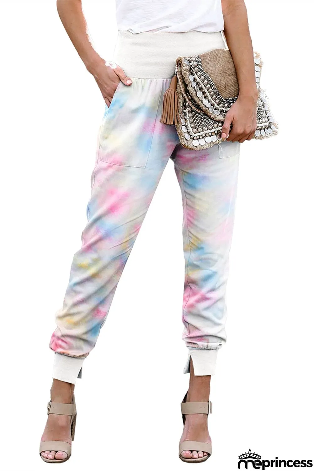 Multicolor Tie-dye Pocket Casual Pants With Slit