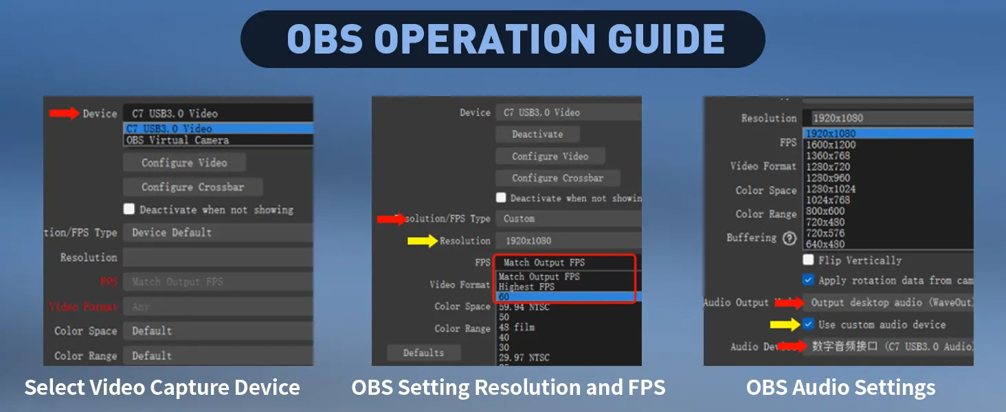 OBS capture card guide: select device, set 1080p 60FPS, audio configuration