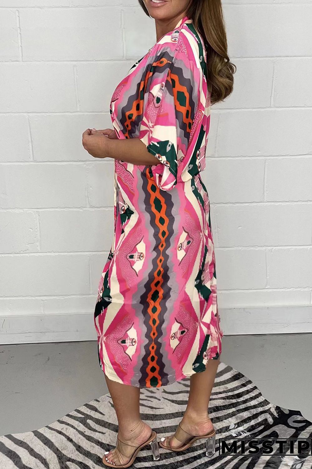 Colour Casual Geometric Print Patchwork V Neck Shirt Dress Dresses