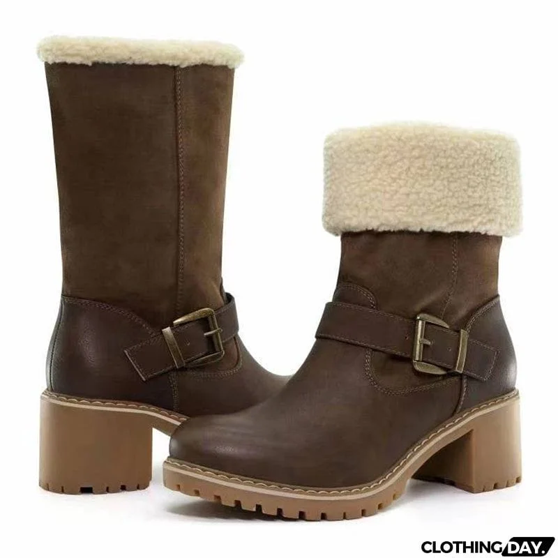 Women's Fashion Warm Short Plush Lined Block Heel Belt Buckle Ankle Boots
