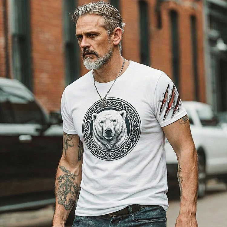 Men's Retro Viking Bear Art Print Crew Neck T-shirt