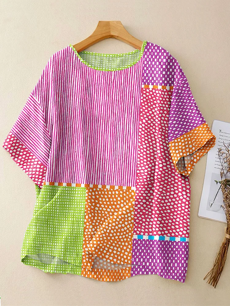 Women's Vintage Abstract Geometric Lines Print Casual Linen Crew Neck Shirt