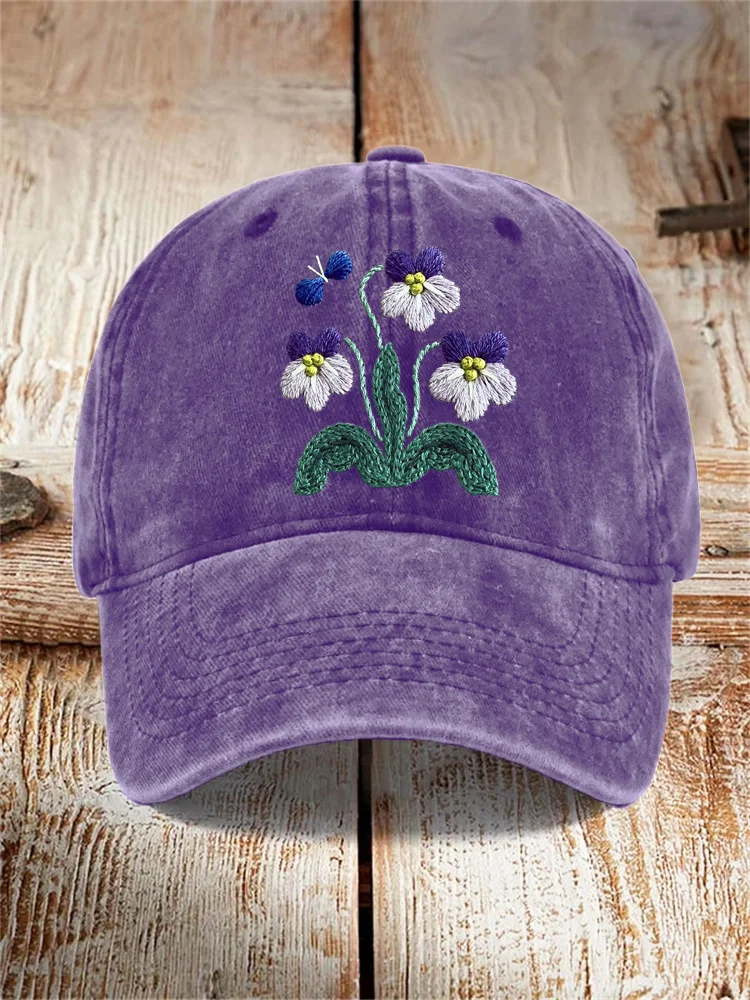 Floral Embroidery Pattern Washed Hat