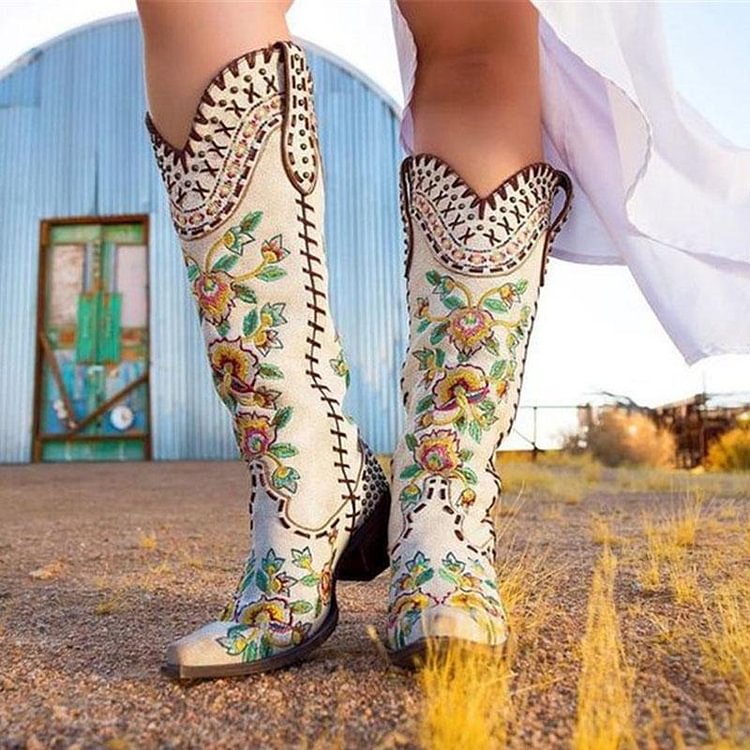 Square Toe Slip-On Floral Chunky Heel Casual Boots -boots