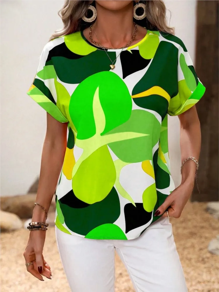 Lallaoutfit Women's Blouses 2025 New Summer Fashion Printed Women Short Sleeve Tops Casual Shirts Loose Pullovers Female Clothing Streetwear