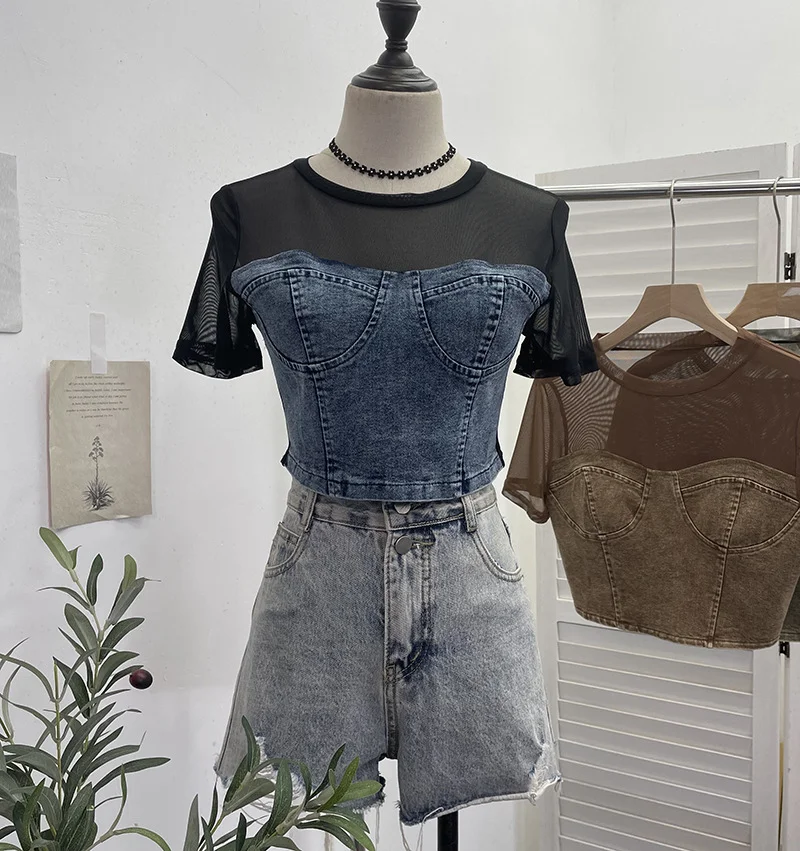Uveng Real Shooting 2024 Summer Denim Splicing Mesh Yarn Short-Sleeved T-Shirt Design Fake Two Hot Girl Short Top 26231