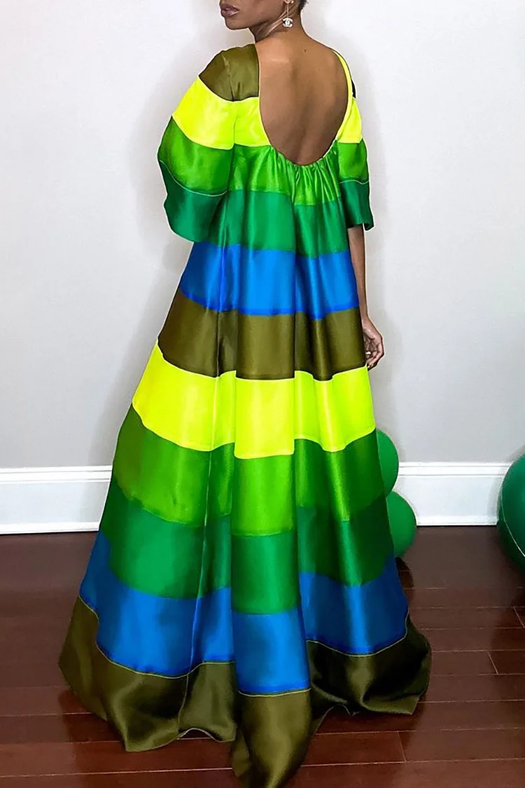 Plus Size Multicolor Formal Rainbow Print Short Sleeve Maxi Dresses 