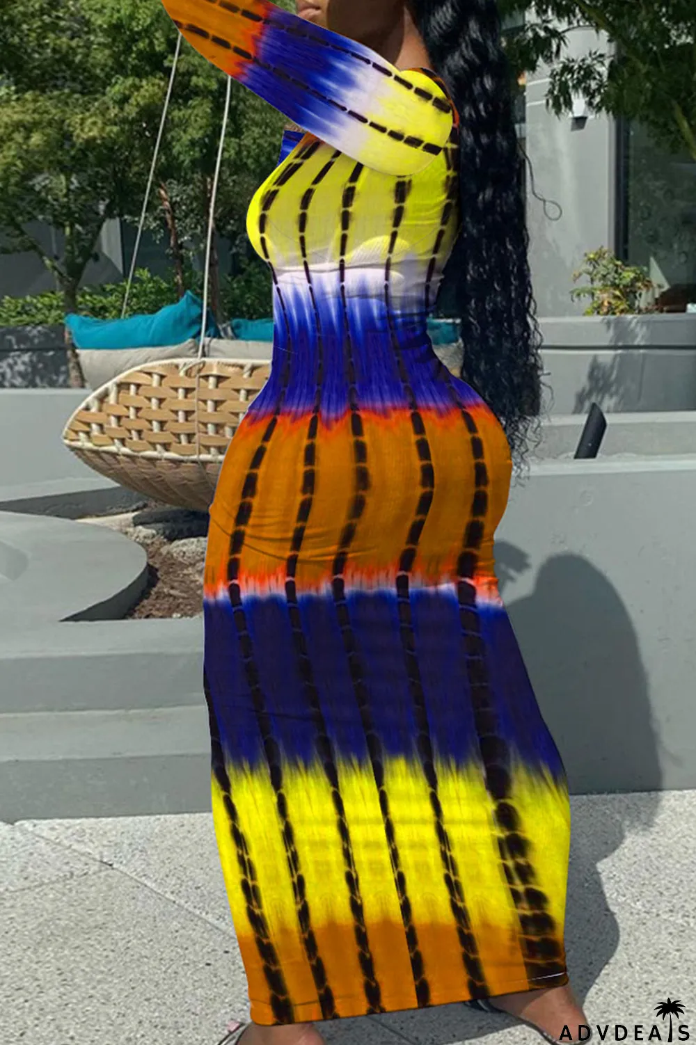 Yellow Casual Print Patchwork U Neck One Step Skirt Dresses