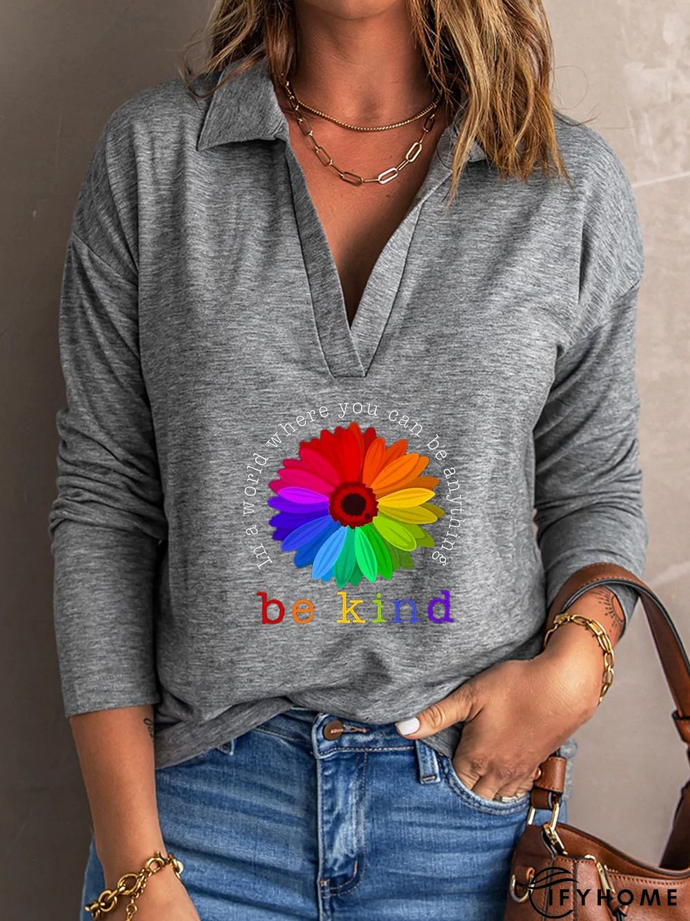 Be Kind Daisy Long Sleeve Shawl Collar Casual T-Shirt | IFYHOME