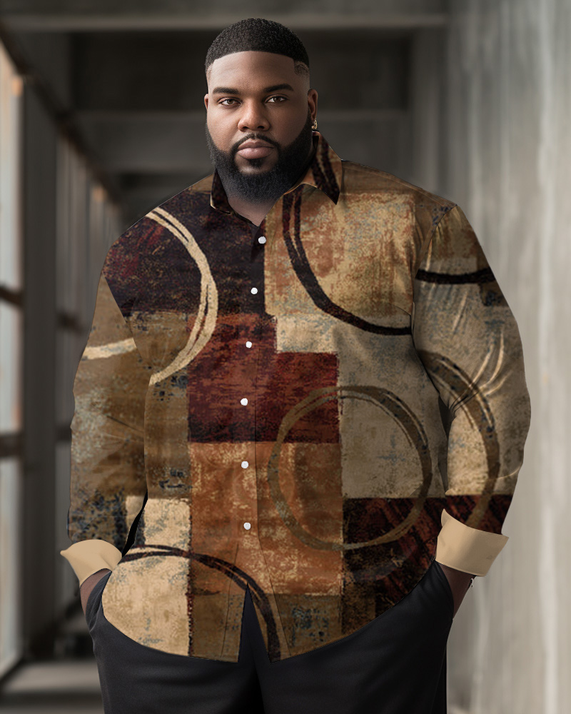 Men's Plus Size Retro Round Square Mosaic Casual Long Sleeve Shirt