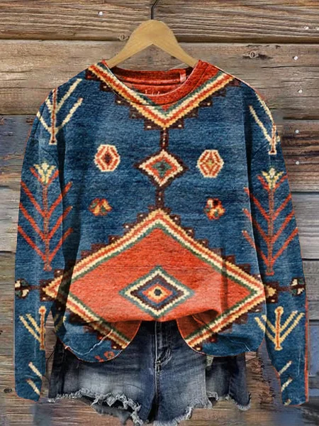 Women's Western Vintage Pattern Round Neck Long Sleeve Sweatshirt