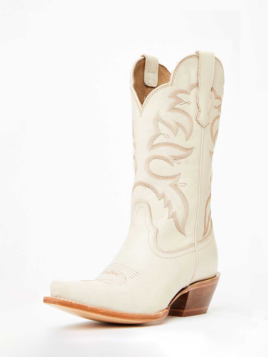 Ivory Embroidered Snip Toe Chunky Heel Mid-Calf Cowgirl Boots Nicepairs