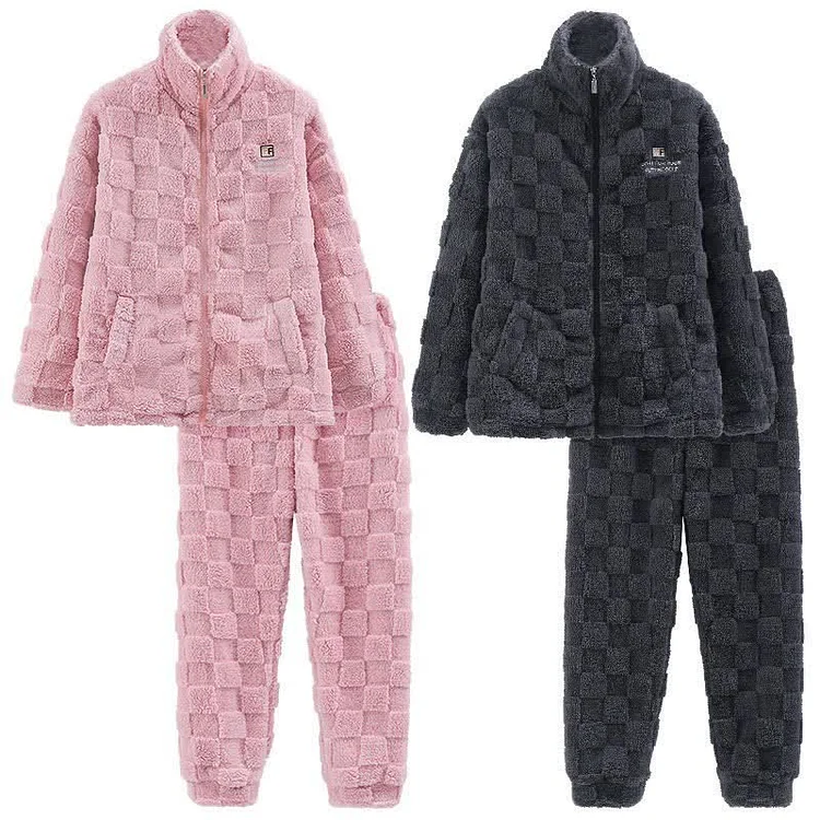 Girlfriend Boyfriend Lattice Pattern Plush Zipper Pajamas - Modakawa modakawa