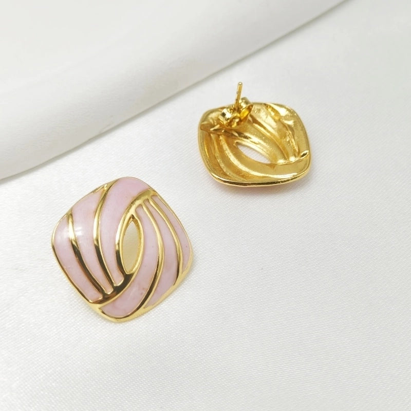 1 Pair Classical Vintage Style Square Enamel Plating 304 Stainless Steel 18K Gold Plated Ear Studs