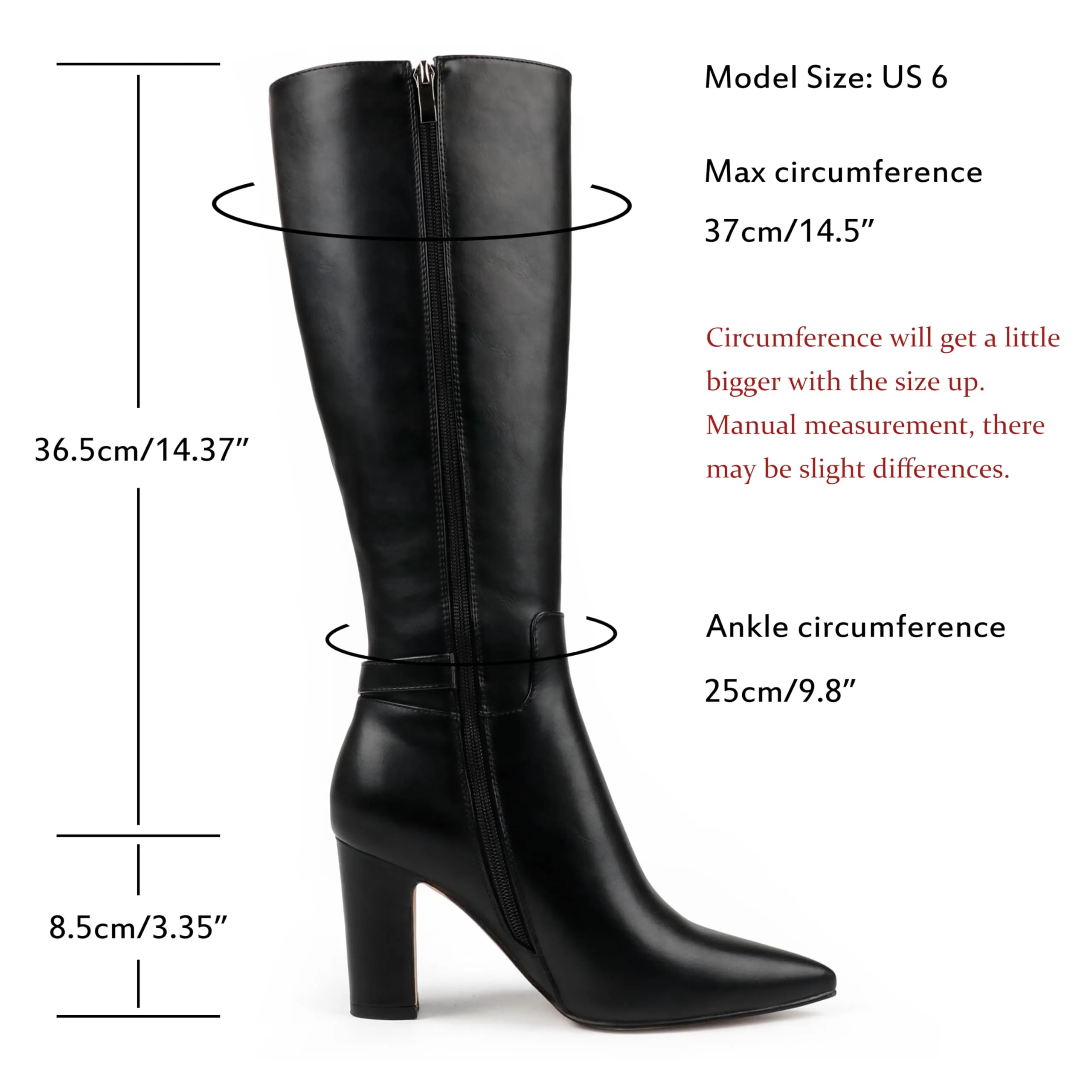 85mm/3.35 inch Women's matte high heel pointed toe buckle style casual zipper knee high boots-vocosishoes