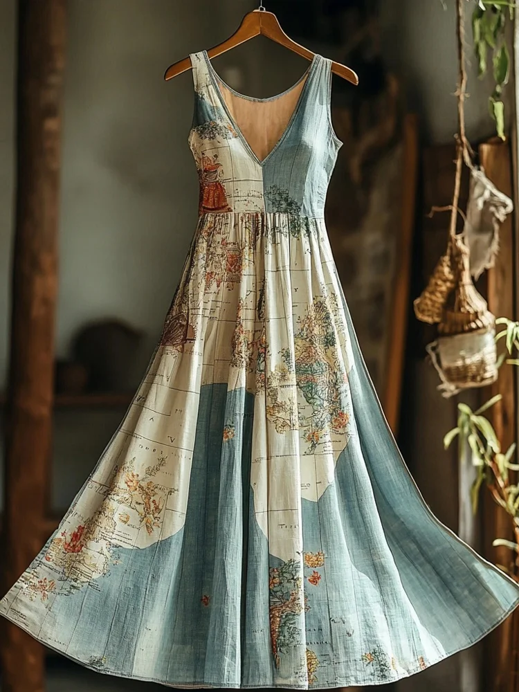 Simpfit Nachahmung aus Baumwolle und Leinen Maxikleid mit alter Landkarte im Vintage-Stil