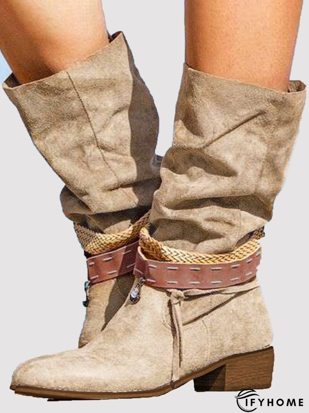 Vintage Khaki Drain Casual Chunky Heel Boots | IFYHOME