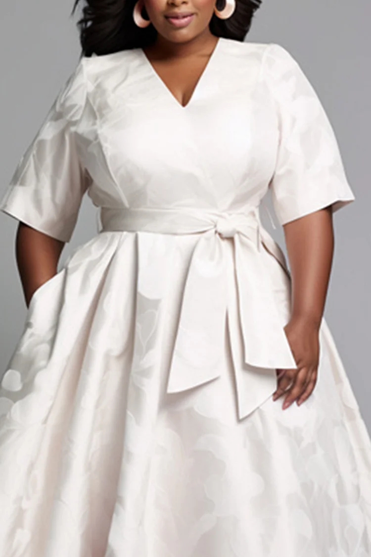 Xpluswear Design Plus Size Wedding White Elegant Round Neck Half Sleeve Pocket Wrap Satin Midi Dresses [Pre-Order]
