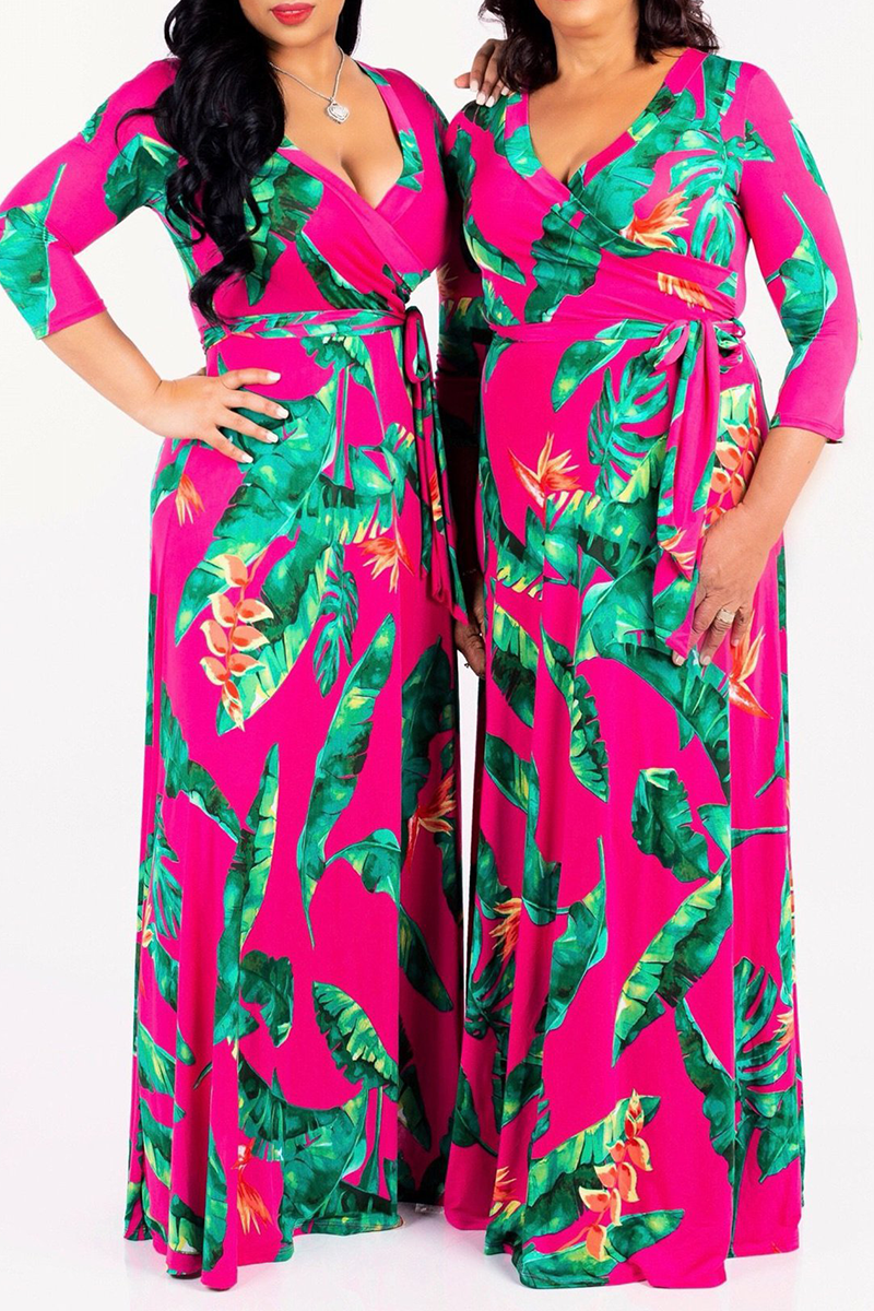 Sexy Print Split Joint V Neck Waist Skirt Dresses