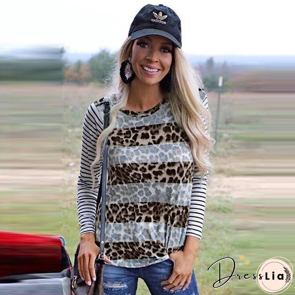New Autumn Spring Woman Tshirts Splicing Leopard Long Stripe Sleeve Oversized Shirt Loose Top Women's Tops Fall Clothing