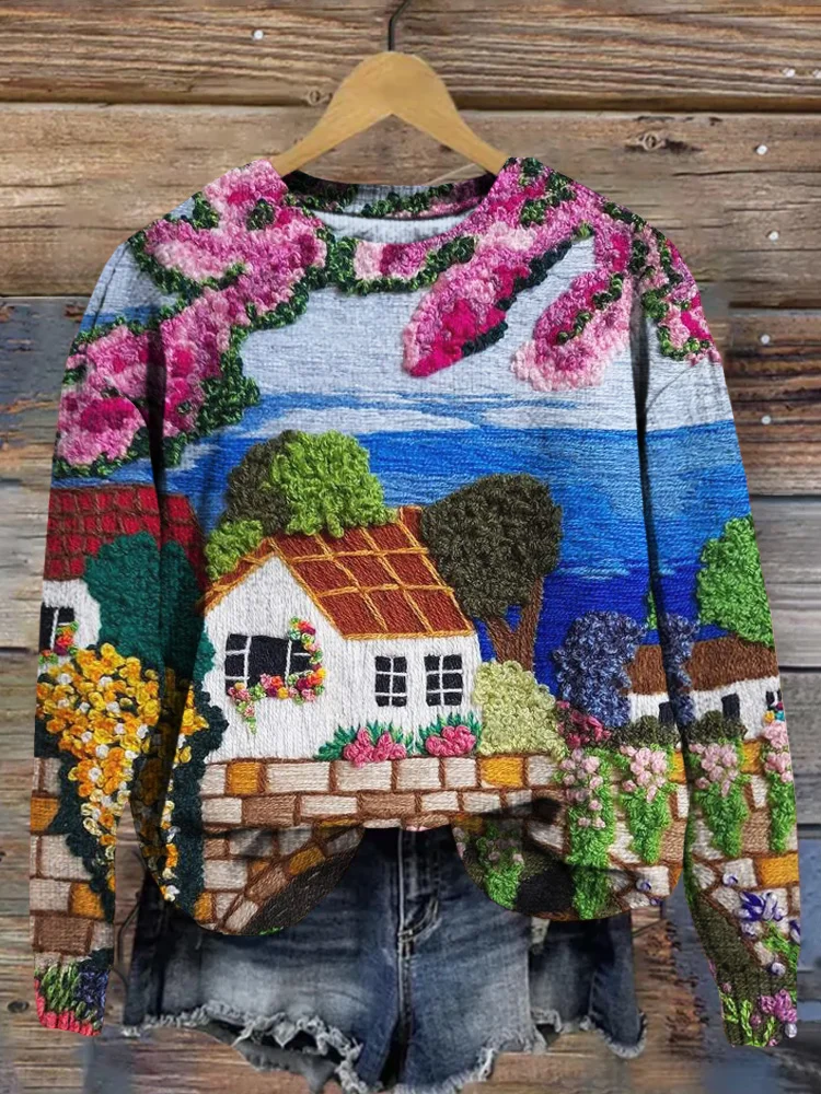 Beauty Landscape Embroidery Art Comfy Knit Sweater