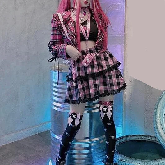 Gothic Harajuku Cake Skirts Pink Plaid Fashion Sweet Girl Punk Skirt Set SP194