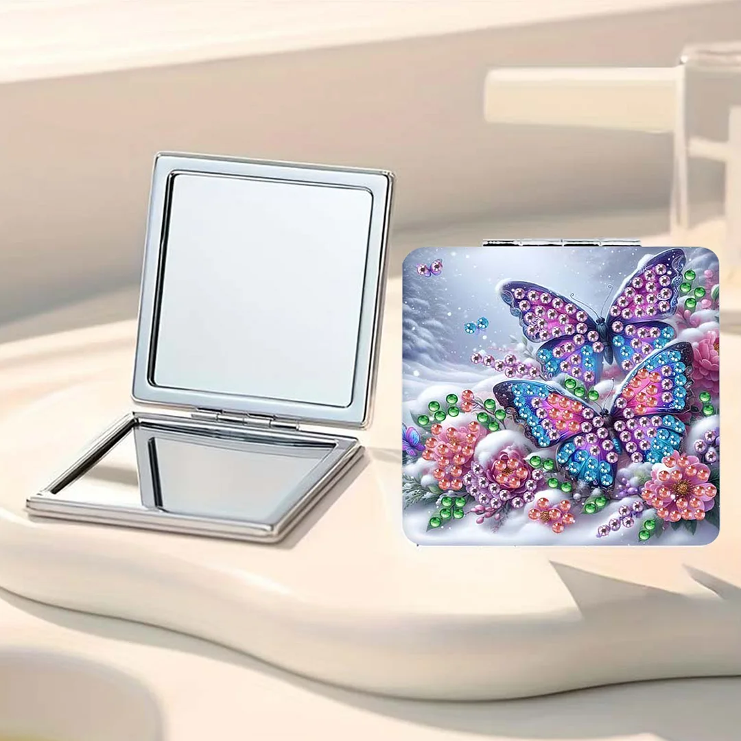 Butterfly Flowers DIY Special Shaped Diamond Painting Compact Mirror Kits Diamond Art Painting Pocket Mirror for Beginners Adults Art Craft Woman Gifts