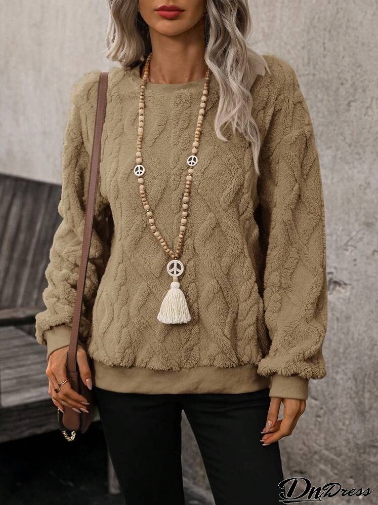 Women Solid Color Round Neck Long Sleeve Casual Fleece Sweatshirt