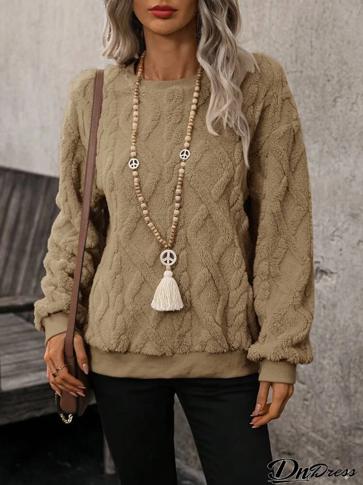 Women Solid Color Round Neck Long Sleeve Casual Fleece Sweatshirt