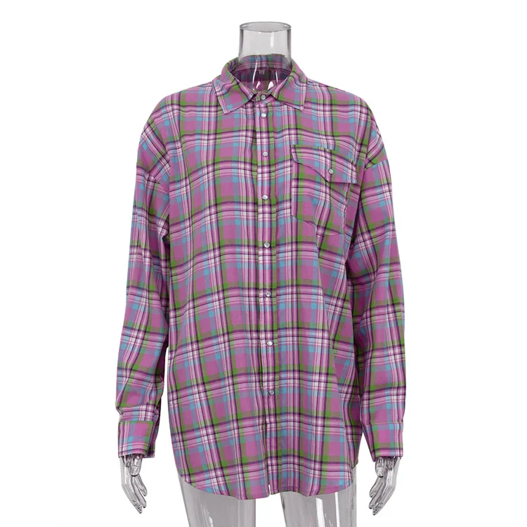 Ueong Ueong 2023 Vintage Versatile Cotton Lapel Long-Sleeve Shirt Loose Casual Pink Plaid Shirt Women's Wear