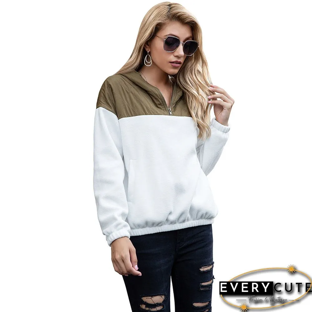 White Colorblock Zipper Fuzzy Pullover Sweatshirt