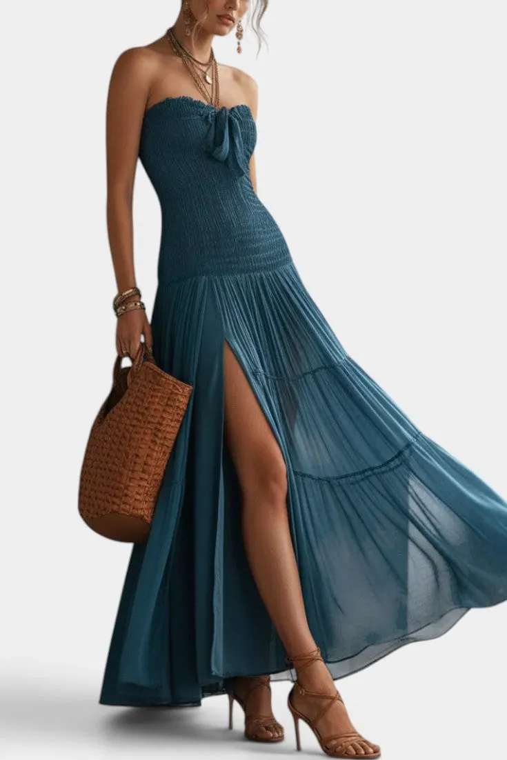 Strapless Maxi Dress with High Slit and Bow Detail