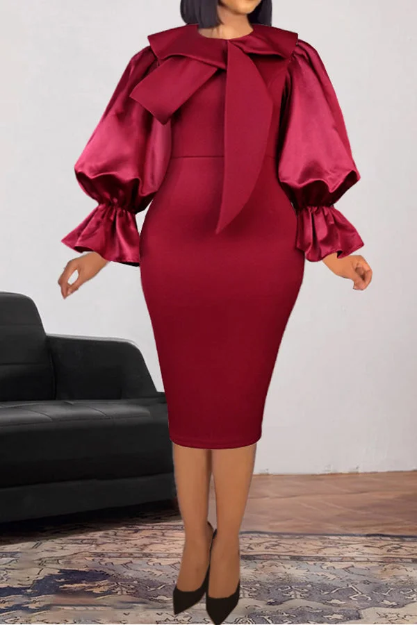 Solid Color Modern Puff Sleeve Midi Dress