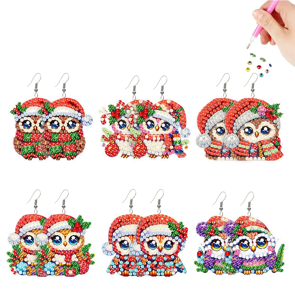 6 Pairs Christmas Owl Double Sided Diamond Painting Earrings Jewelry