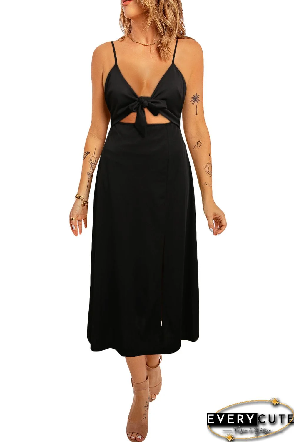 Black Side Slit Bow Knot Spaghetti Strap Maxi Dress