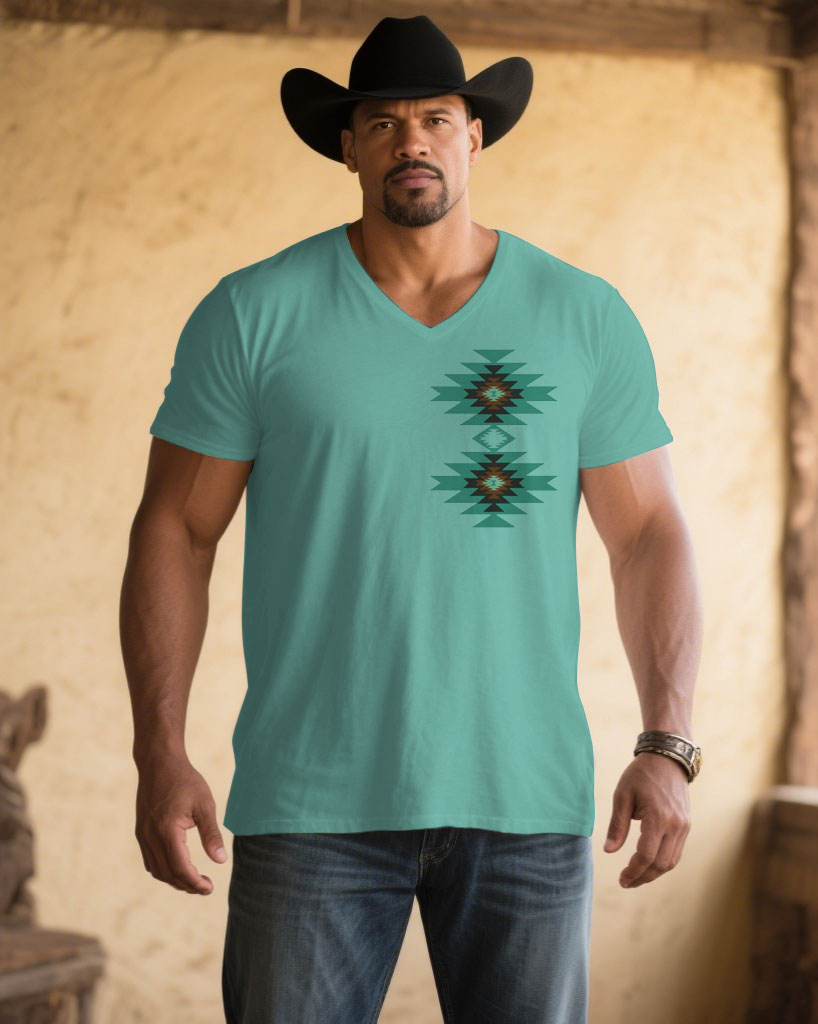 Men's Plus Size Lake Green Chest Western Pattern Printed V-Neck Short Sleeve T-Shirt